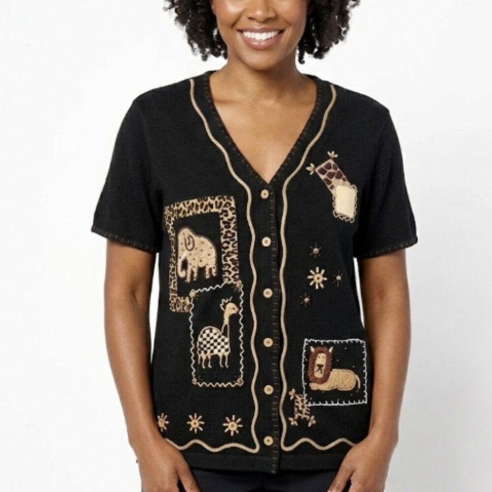 Vintage Arriviste Safari Embroidered Button Short‎ Sleeve Cardigan Large